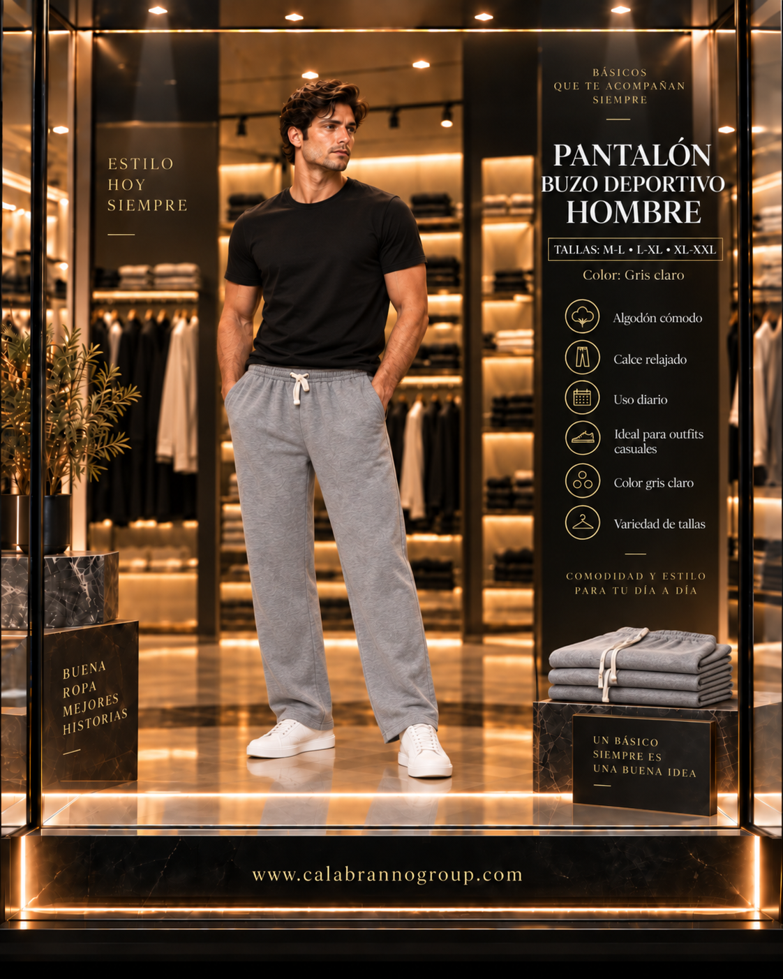 PANTALÓN BUZO HOMBRE CALCE RECTO 85% ALGODÓN – NEGRO Y GRIS