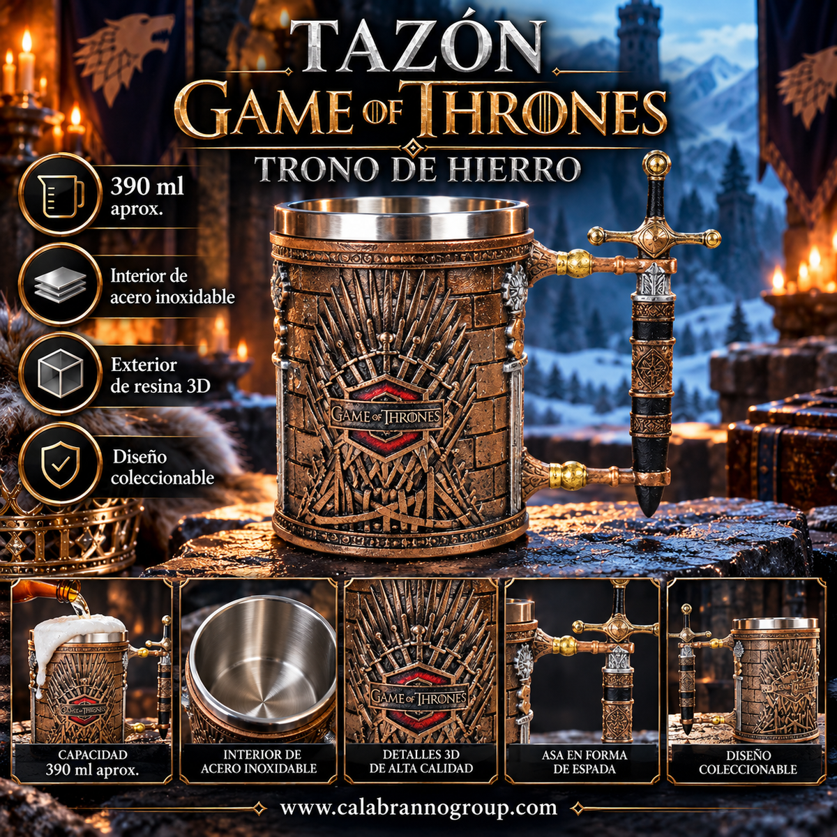 TAZÓN GAME OF THRONES 3D – TRONO DE HIERRO | 390 ML | ACERO INOXIDABLE Y RESINA