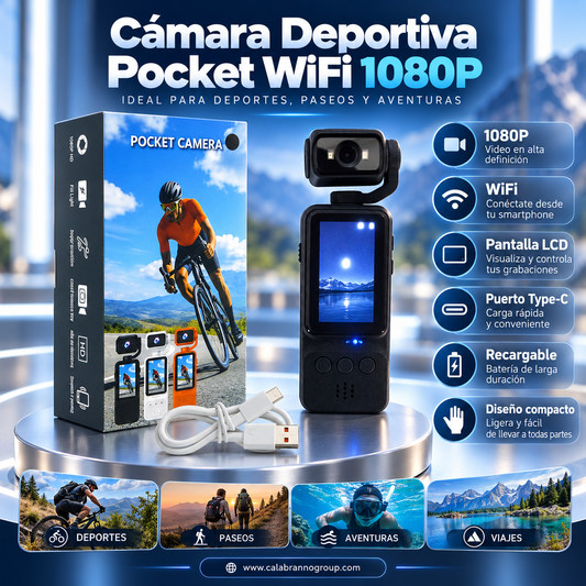 **Cámara Deportiva Pocket WiFi 1080P con Pantalla LCD y USB-C**