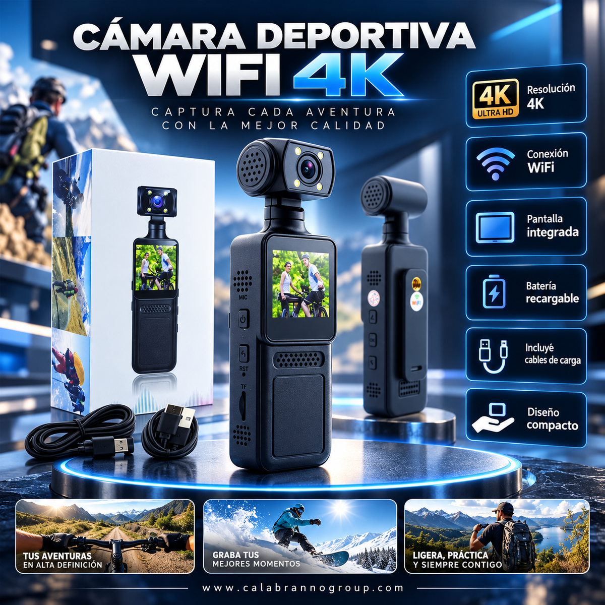 Cámara Deportiva WiFi 4K con Pantalla Integrada y Batería Recargable