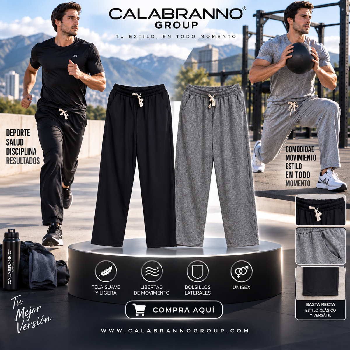 PANTALÓN BUZO HOMBRE CALCE RECTO 85% ALGODÓN – NEGRO Y GRIS