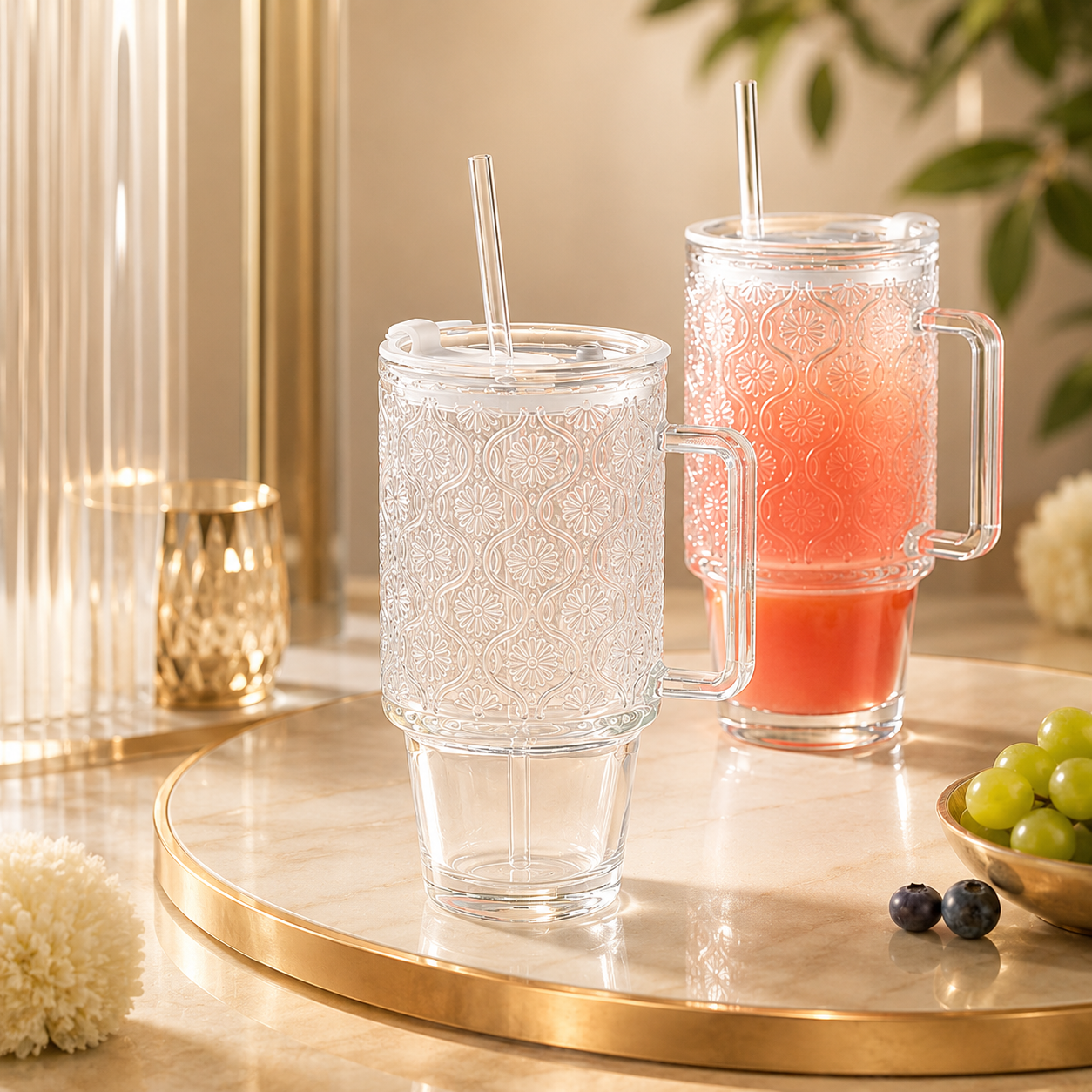 VASO DE VIDRIO PARA TERREMOTO  CON ASA, TAPA DE BAMBÚ  Y BOMBILLA DE VIDRIO