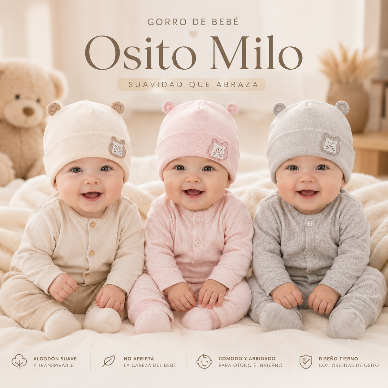 GORRO BEBÉ OSITO MILO ALGODÓN SUAVE CON OREJITAS 0 A 6 MESES UNISEX