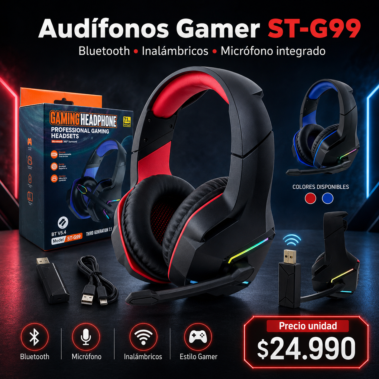 AUDÍFONOS GAMER ST-G99 BLUETOOTH INALÁMBRICOS CON MICRÓFONO