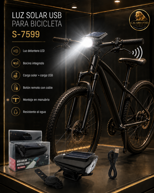 LUZ DELANTERA SOLAR PARA BICICLETA S-7599 CON BOCINA Y BATERÍA RECARGABLE