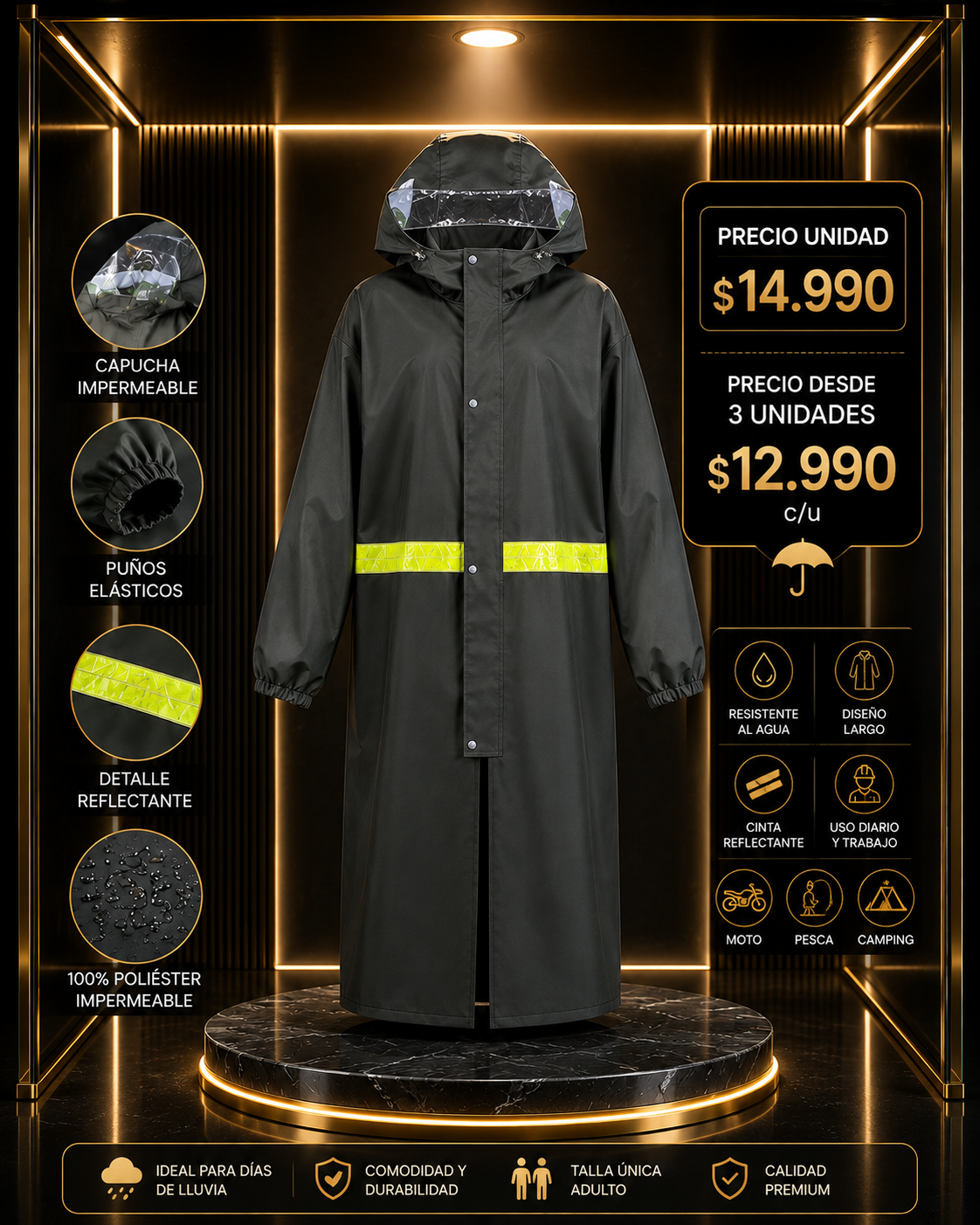 PONCHO IMPERMEABLE ADULTO LARGO CON CAPUCHA Y CINTA REFLECTANTE | 100% POLIÉSTER