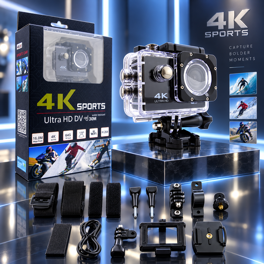 CÁMARA DEPORTIVA 4K ULTRA HD CON WI-FI, PANTALLA 2” Y KIT DE ACCESORIOS