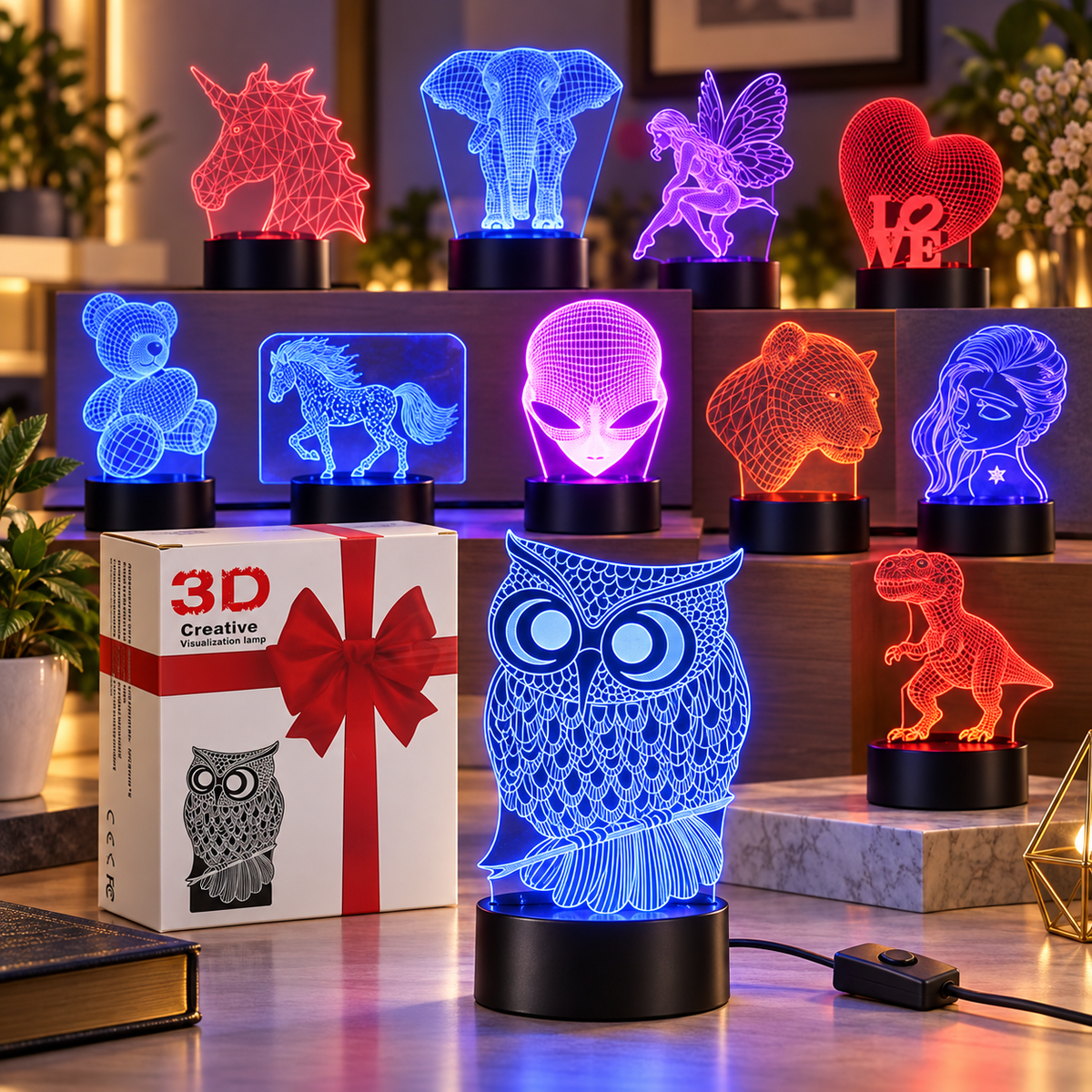 LÁMPARA LED EFECTO 3D – 3 COLORES DE LUZ Y VARIOS DISEÑOS