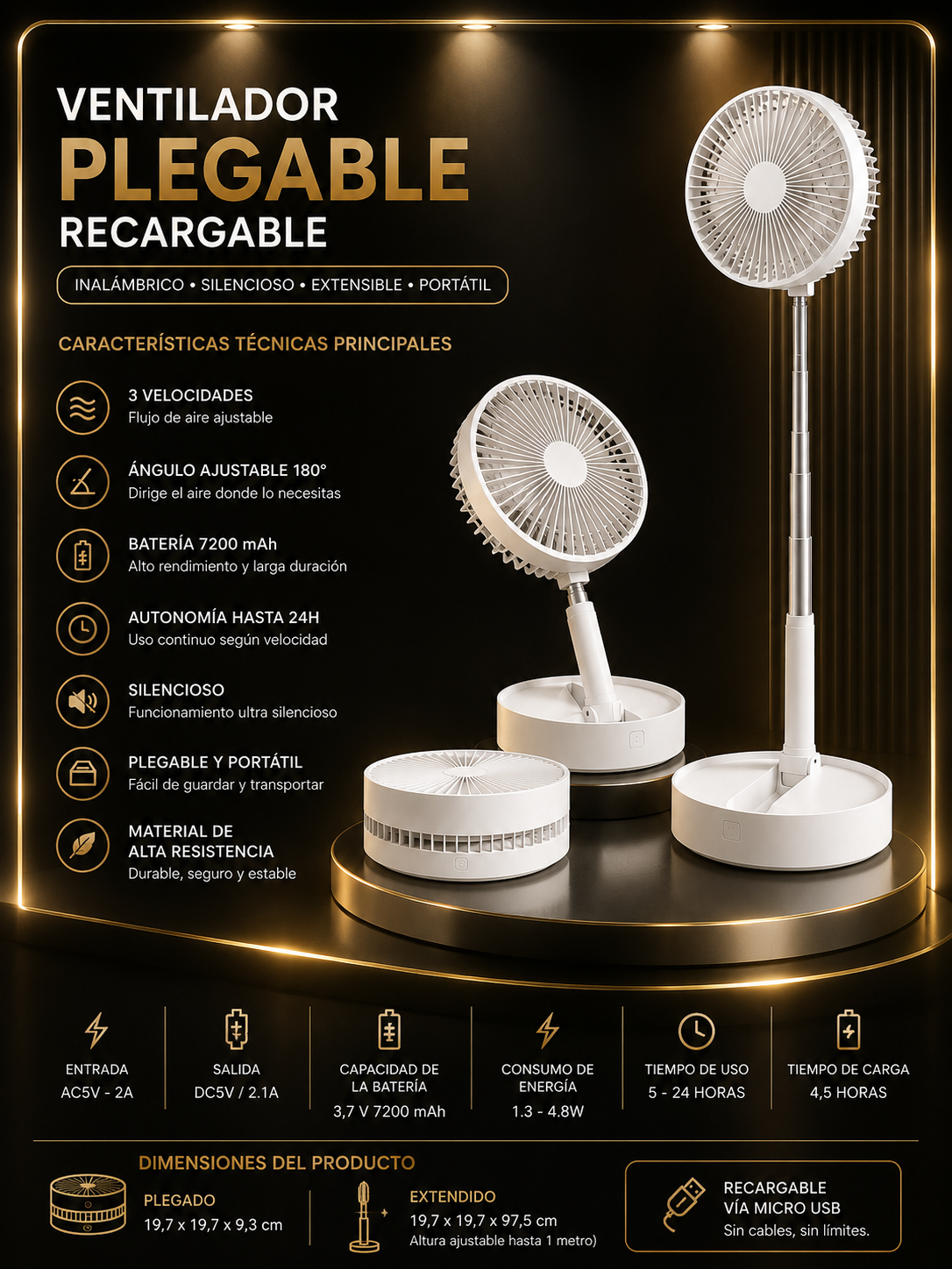 VENTILADOR PLEGABLE RECARGABLE USB 7200 mAh | PORTÁTIL, EXTENSIBLE Y SILENCIOSO