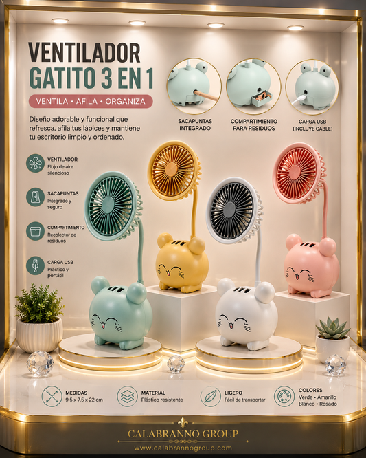 VENTILADOR DE MESA GATITO 3 EN 1 CON SACAPUNTAS Y PORTA RESIDUOS  USB