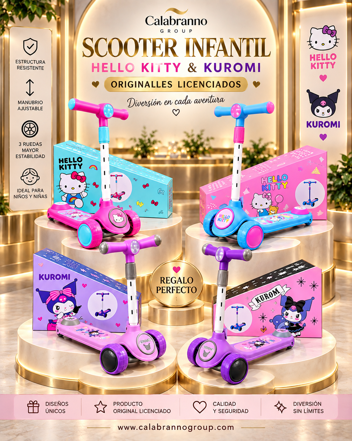 **SCOOTER INFANTIL ORIGINAL LICENCIADO HELLO KITTY & KUROMI – 3 RUEDAS Y MANUBRIO AJUSTABLE**
