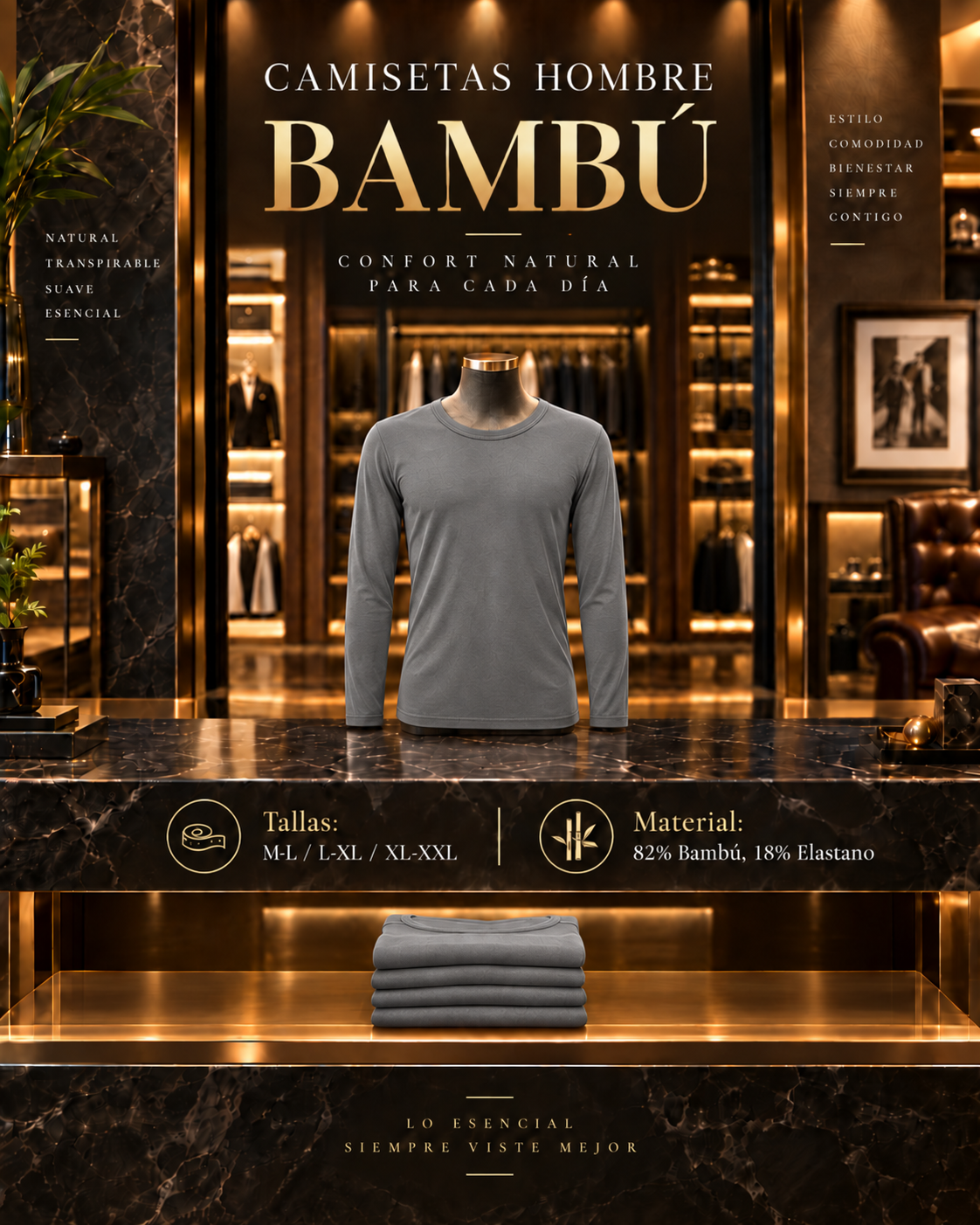 CAMISETA HOMBRE MANGA LARGA DE BAMBÚ – SUAVE, CÓMODA Y ELÁSTICA