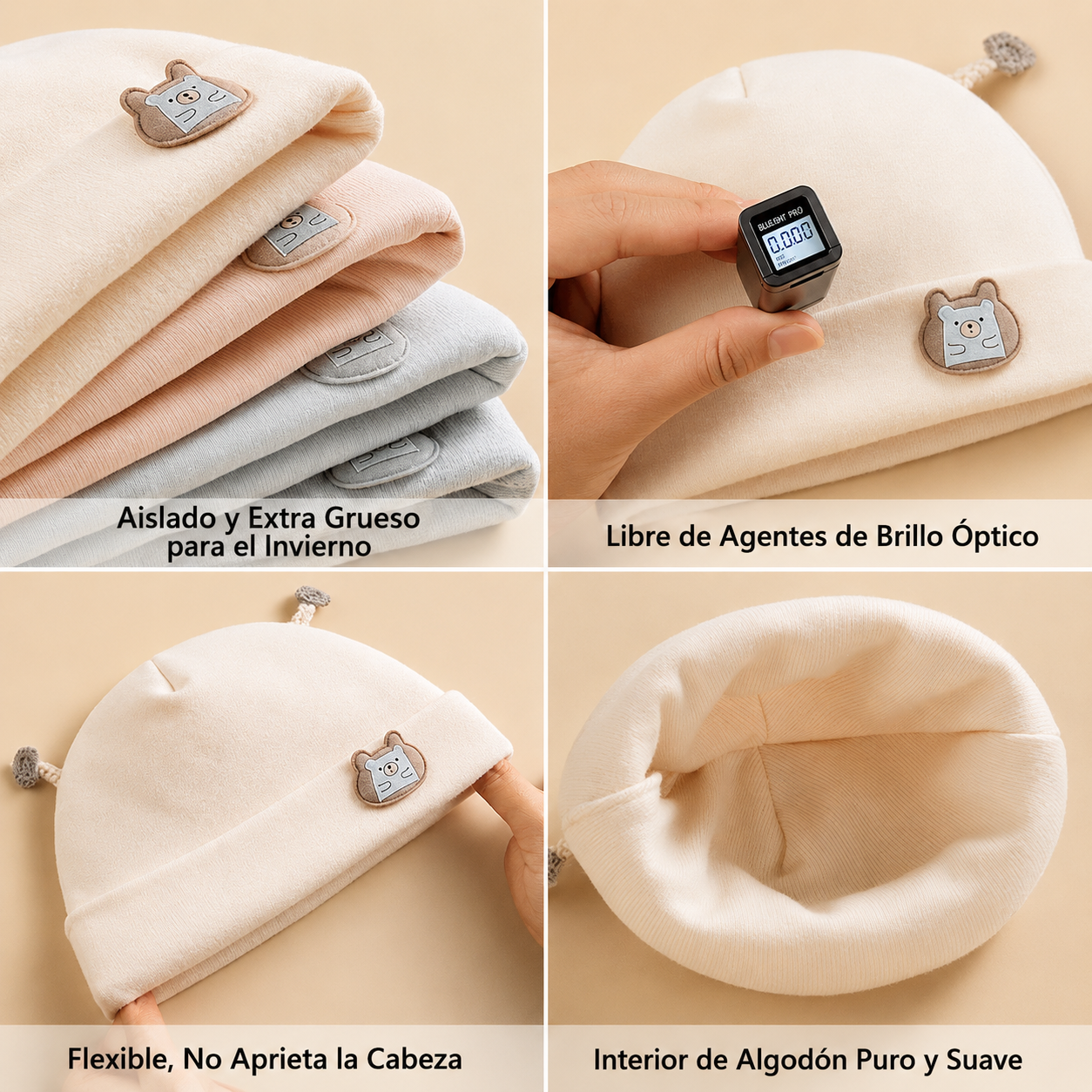 GORRO BEBÉ OSITO MILO ALGODÓN SUAVE CON OREJITAS 0 A 6 MESES UNISEX
