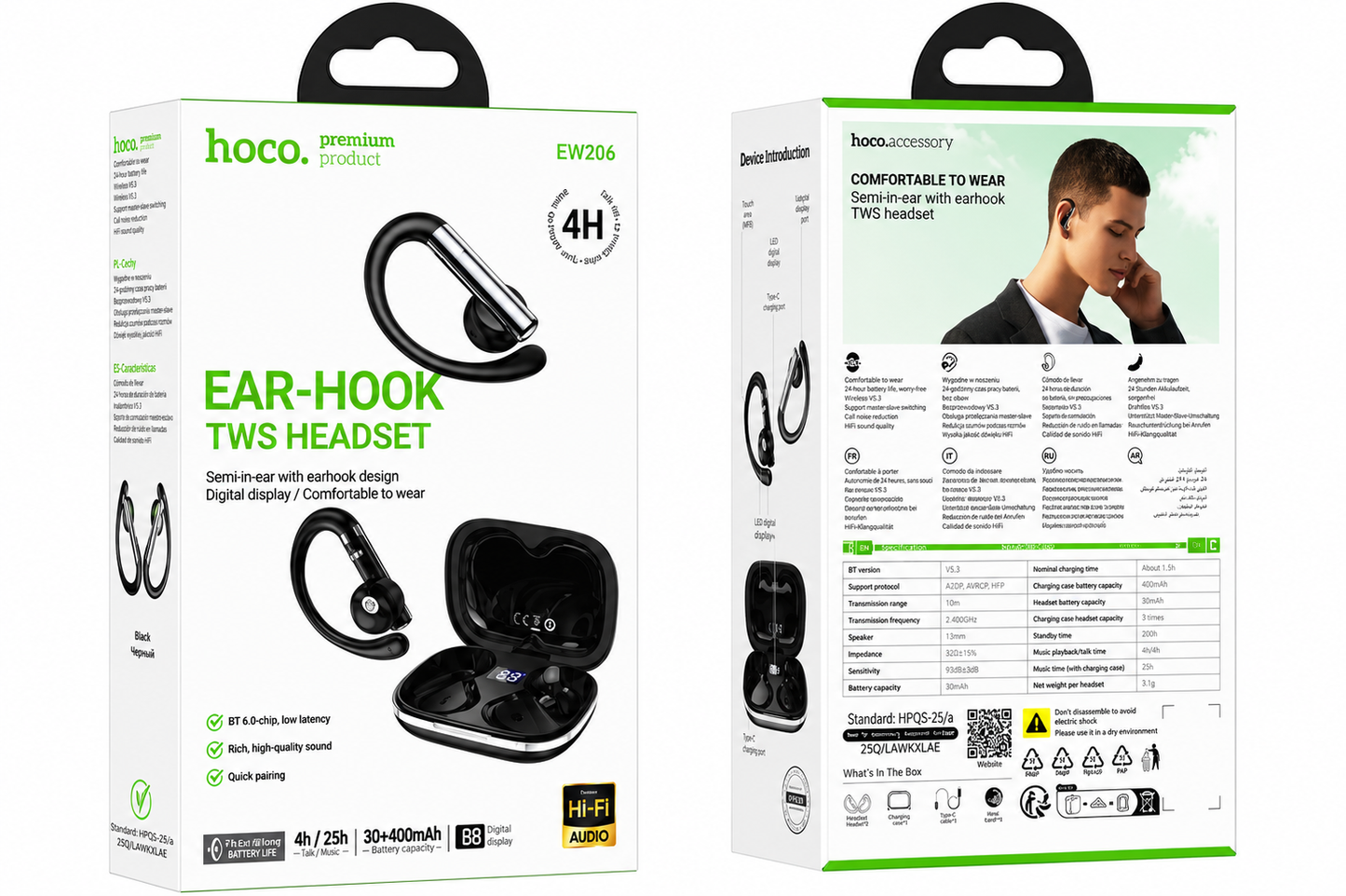 Audifonos INALÁMBRICOS EAR-HOOK TWS HI-FI CON DISPLAY LED. HOCO EW206