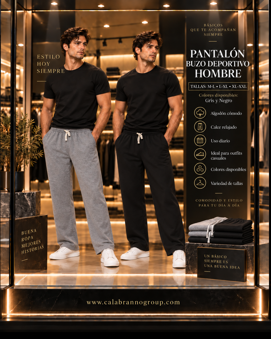 PANTALÓN BUZO HOMBRE CALCE RECTO 85% ALGODÓN – NEGRO Y GRIS