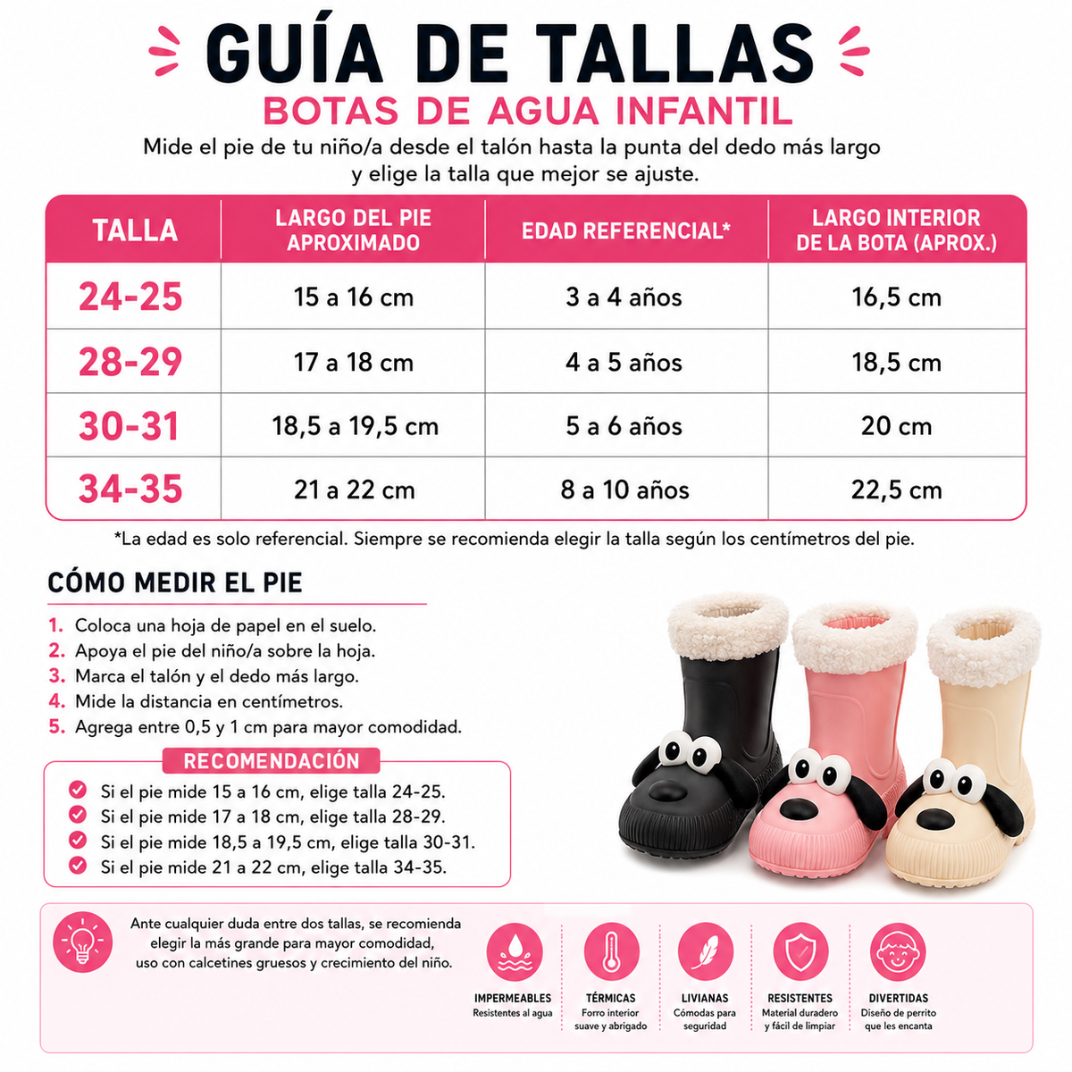 BOTAS DE AGUA INFANTIL DISEÑO PERRITO CON FORRO  TERMICO