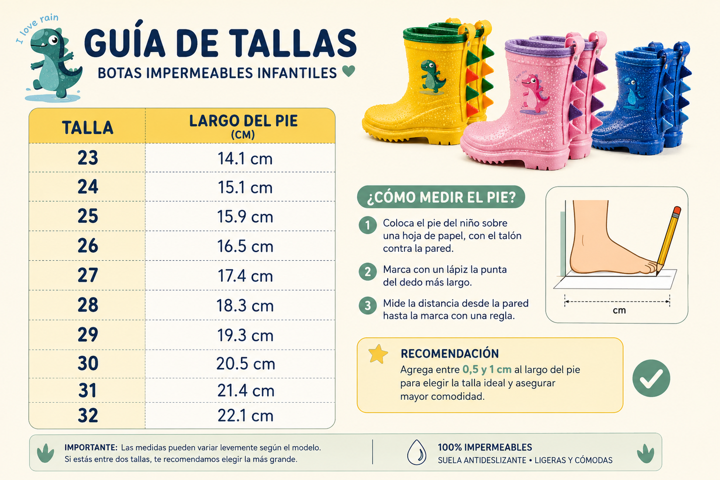 Botas Impermeables Infantiles Dinosaurio | Antideslizantes | 100% Impermeables | Tallas 23 al 32