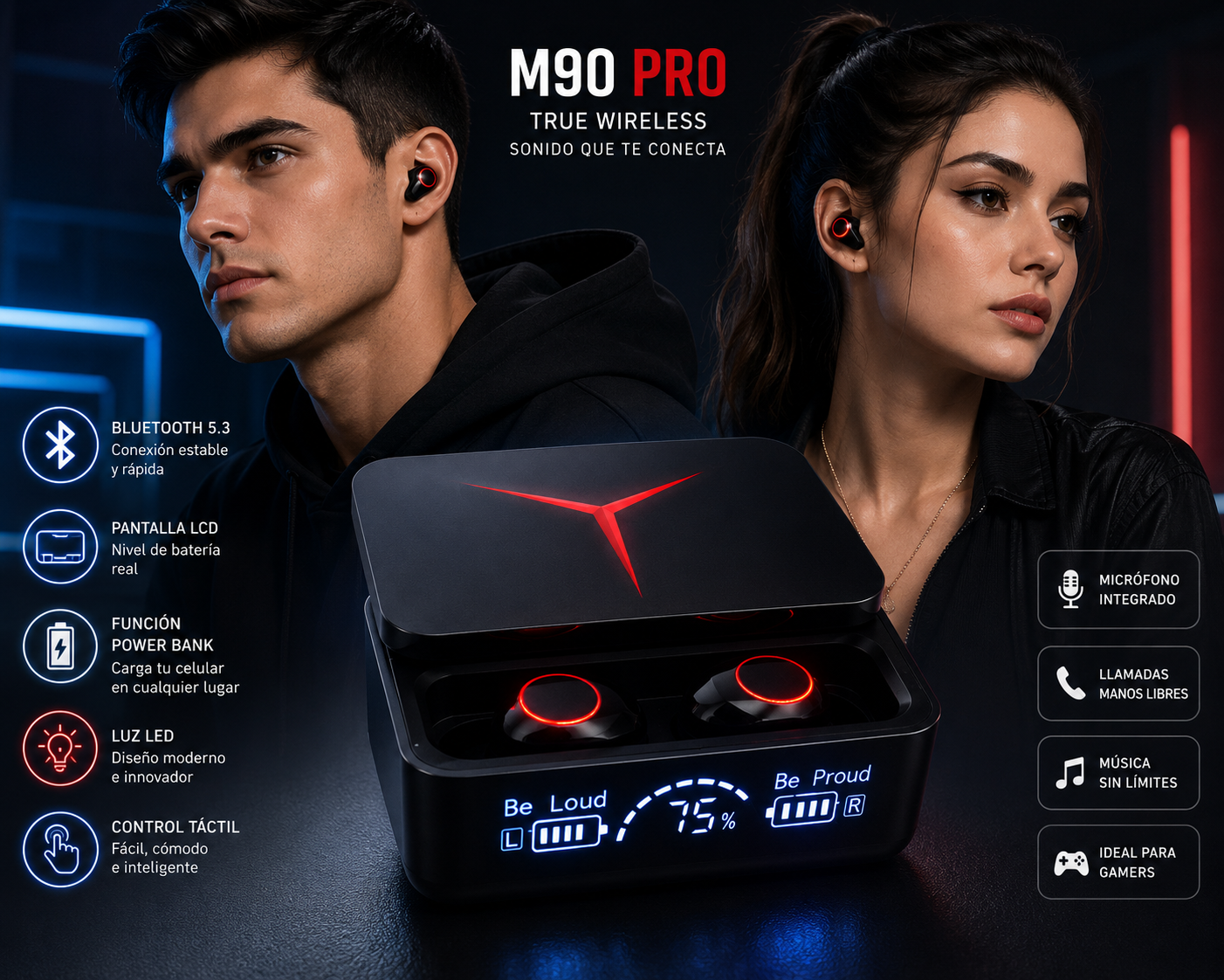 AUDÍFONOS INALÁMBRICOS M90 PRO TRUE WIRELESS CON PANTALLA LCD Y POWER BANK