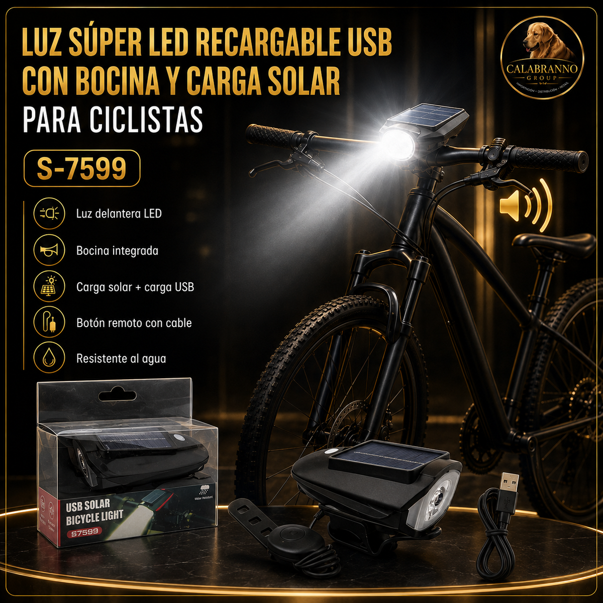 LUZ DELANTERA SOLAR PARA BICICLETA S-7599 CON BOCINA Y BATERÍA RECARGABLE