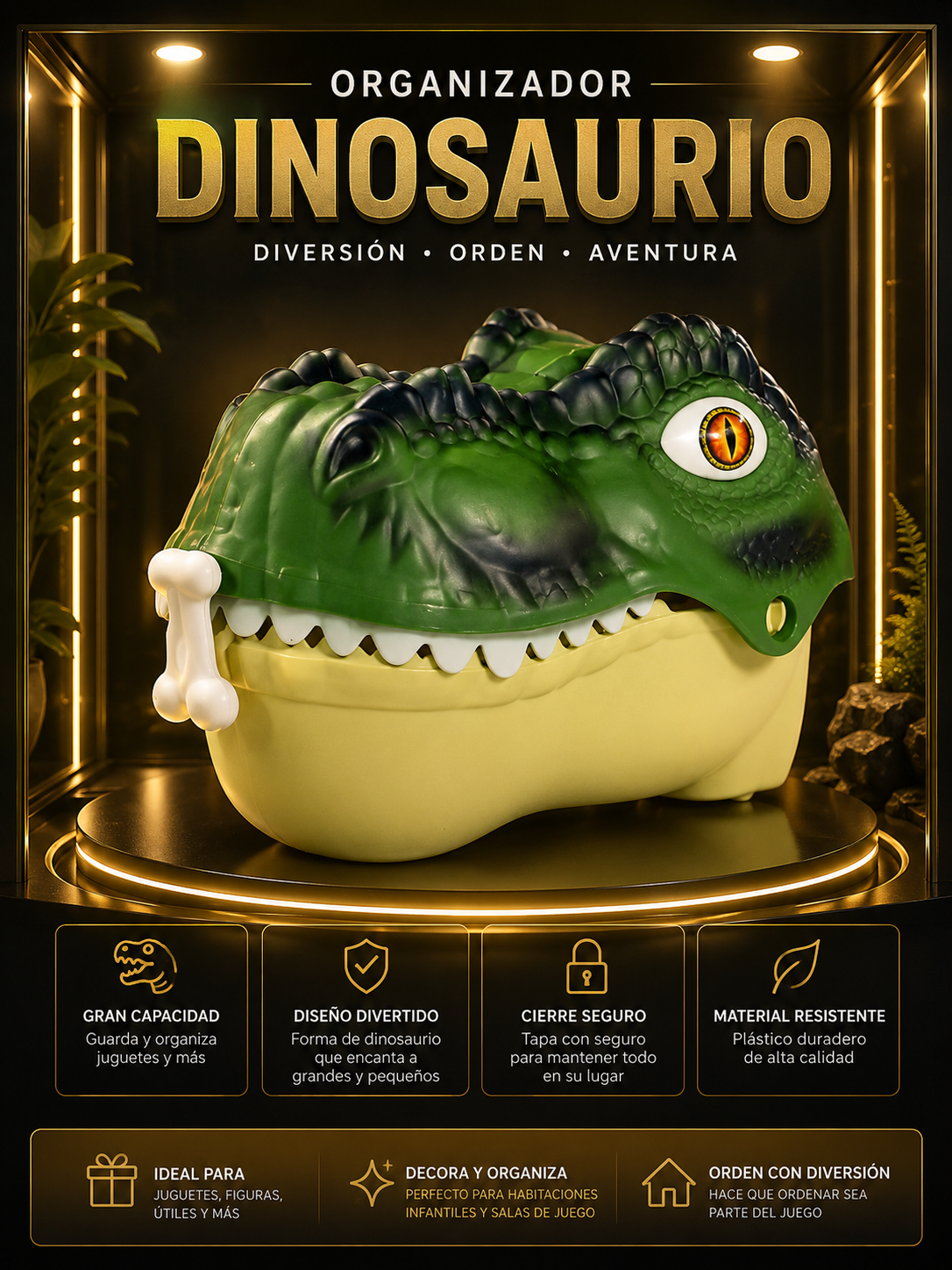 ORGANIZADOR DE JUGUETES DINOSAURIO INFANTIL | BAÚL DE ALMACENAMIENTO CON TAPA Y GRAN CAPACIDAD