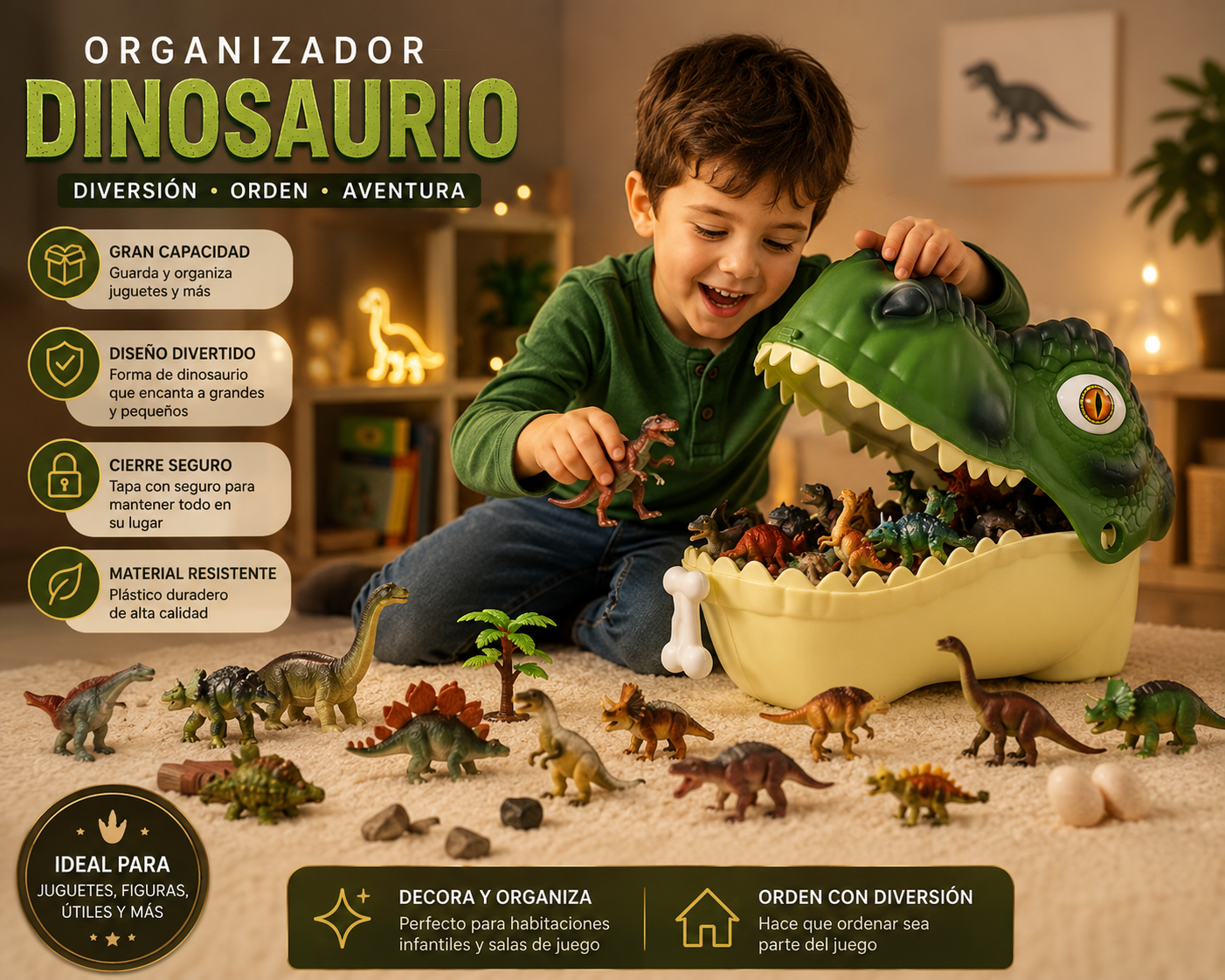 ORGANIZADOR DE JUGUETES DINOSAURIO INFANTIL | BAÚL DE ALMACENAMIENTO CON TAPA Y GRAN CAPACIDAD