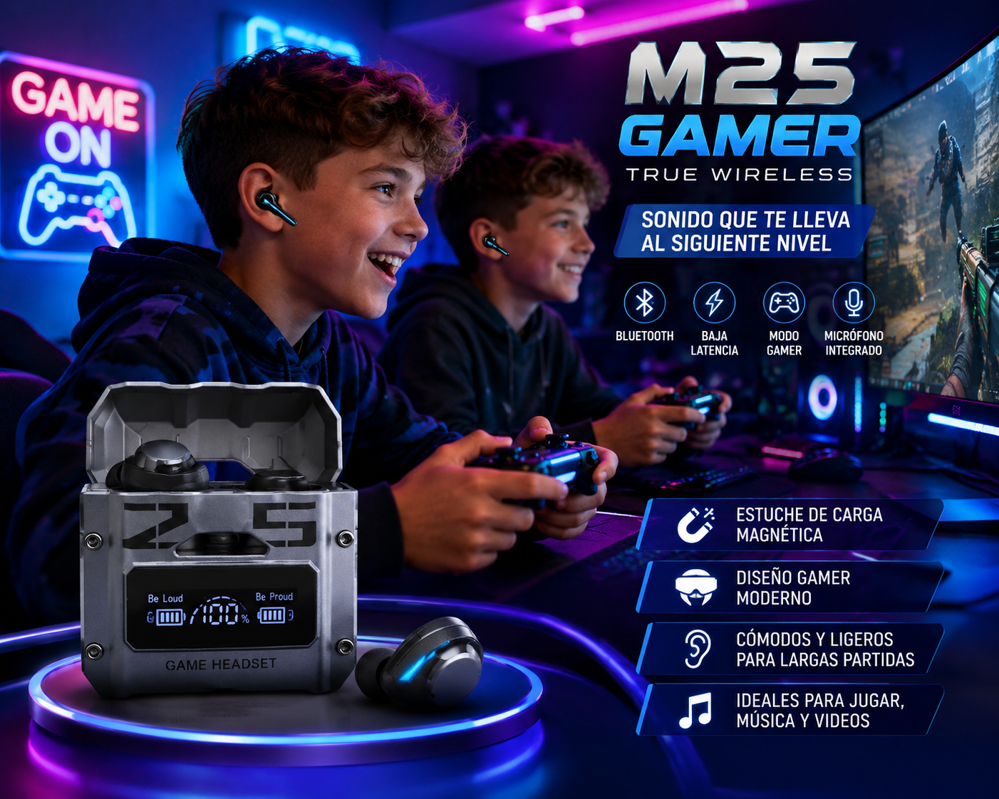 AUDÍFONOS GAMER M25 TRUE WIRELESS BLUETOOTH CON ESTUCHE DE CARGA MAGNÉTICA