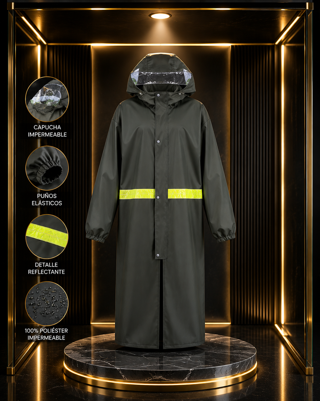 PONCHO IMPERMEABLE ADULTO LARGO CON CAPUCHA Y CINTA REFLECTANTE | 100% POLIÉSTER