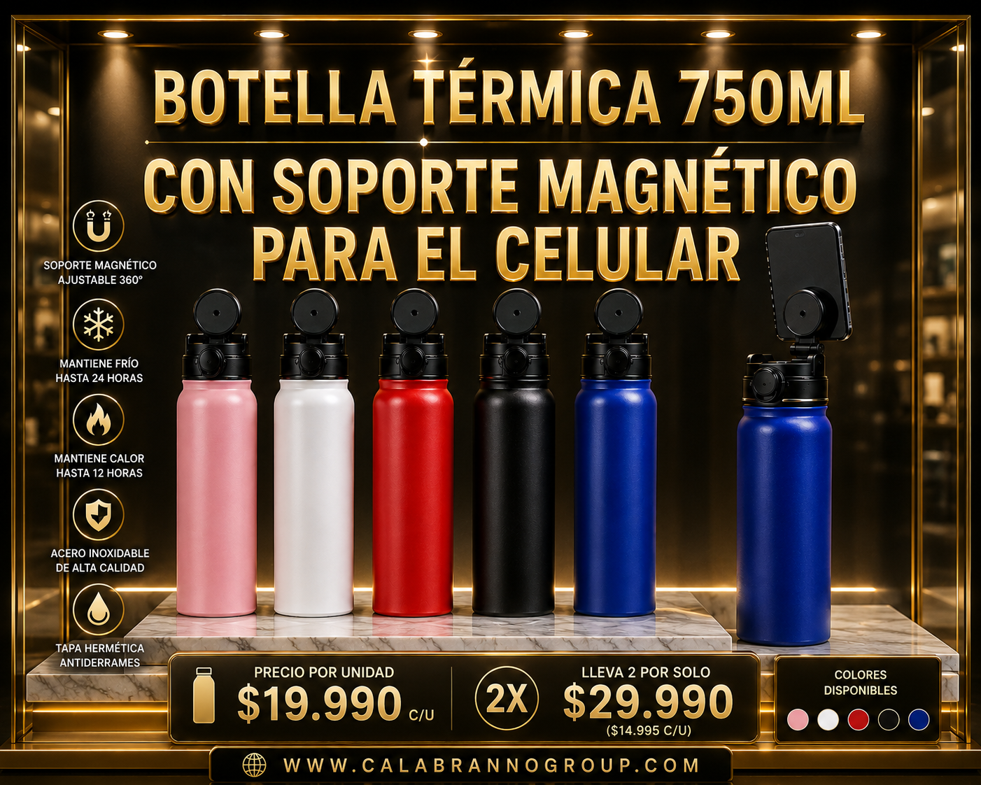BOTELLA TÉRMICA 750 ML CON SOPORTE MAGNÉTICO PARA CELULAR | ACERO INOXIDABLE