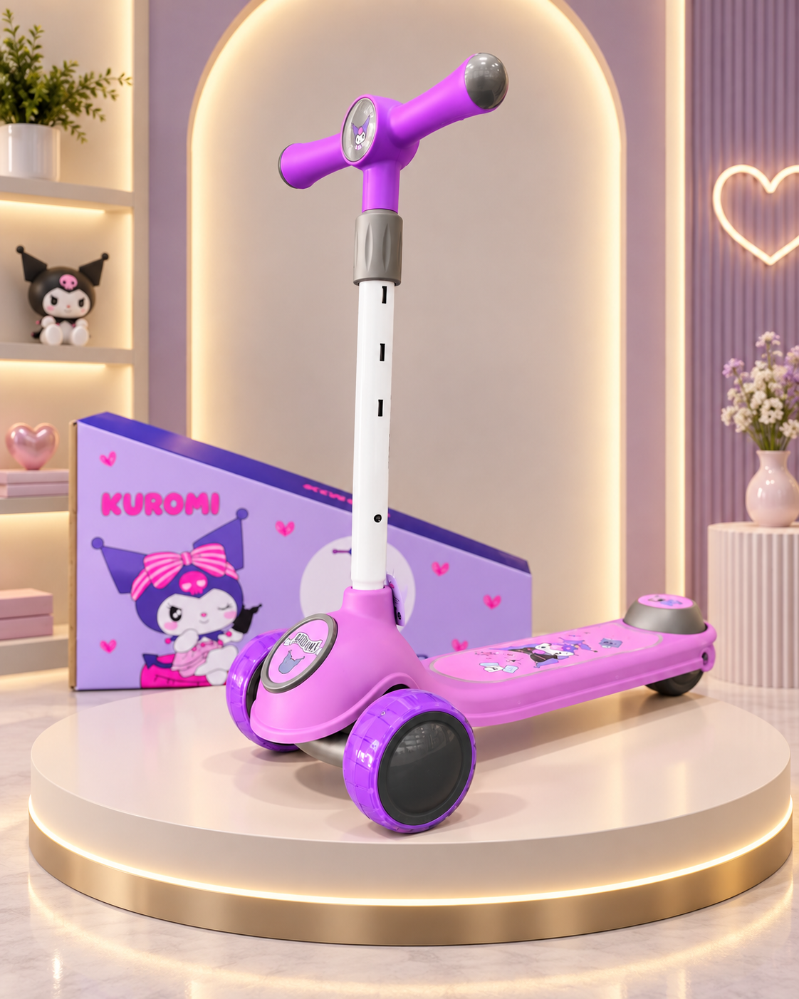 **SCOOTER INFANTIL ORIGINAL LICENCIADO HELLO KITTY & KUROMI – 3 RUEDAS Y MANUBRIO AJUSTABLE**