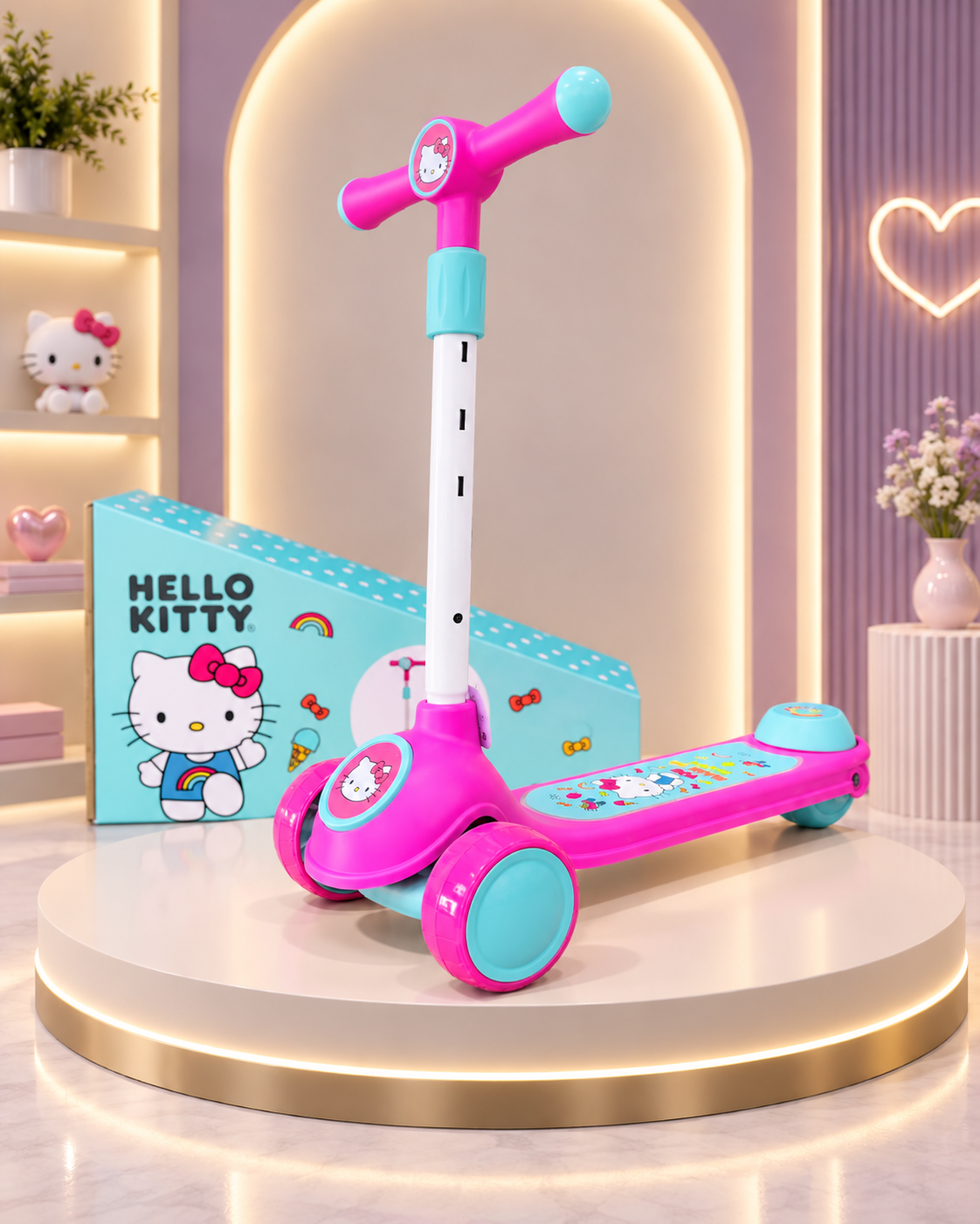 **SCOOTER INFANTIL ORIGINAL LICENCIADO HELLO KITTY & KUROMI – 3 RUEDAS Y MANUBRIO AJUSTABLE**