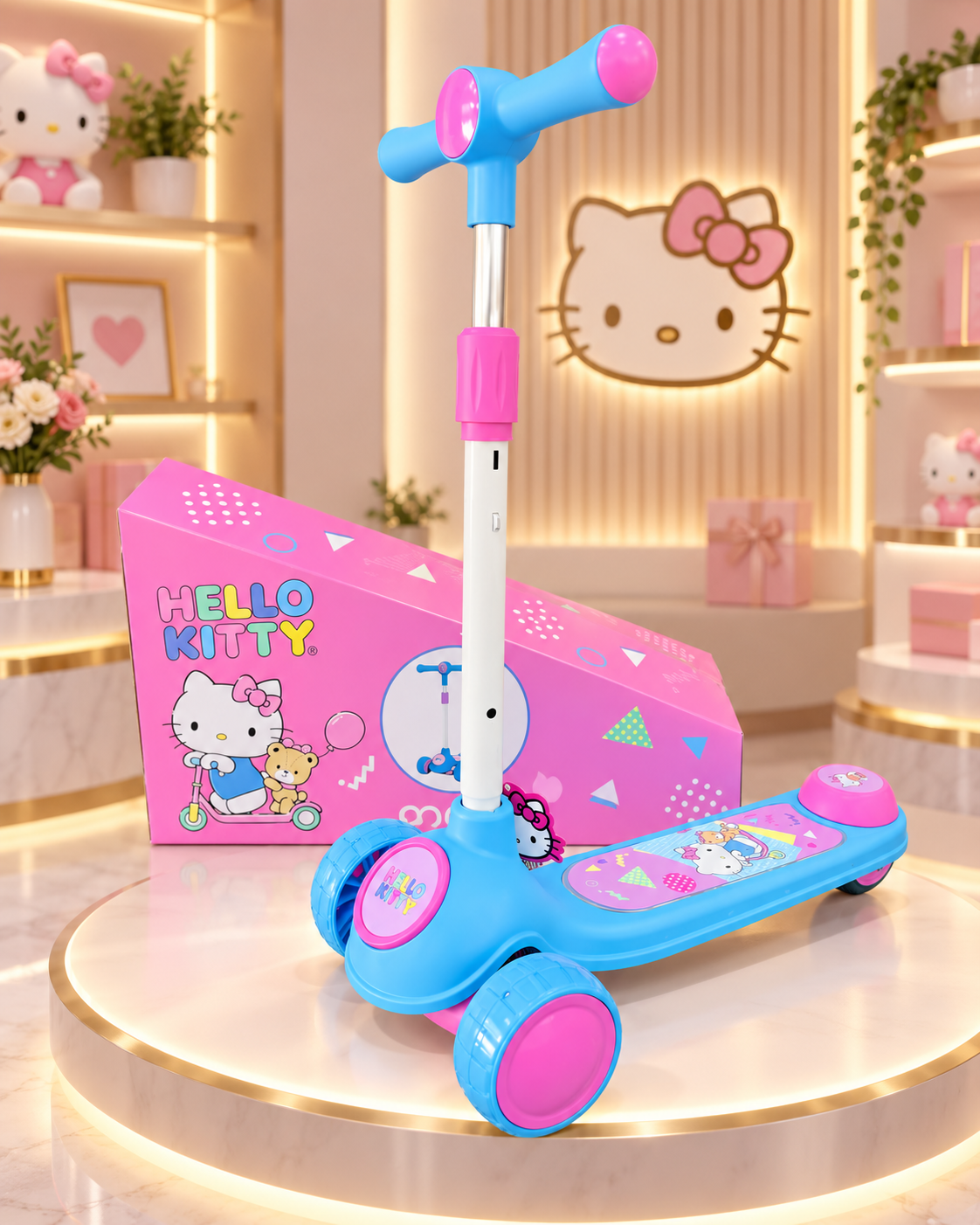 **SCOOTER INFANTIL ORIGINAL LICENCIADO HELLO KITTY & KUROMI – 3 RUEDAS Y MANUBRIO AJUSTABLE**