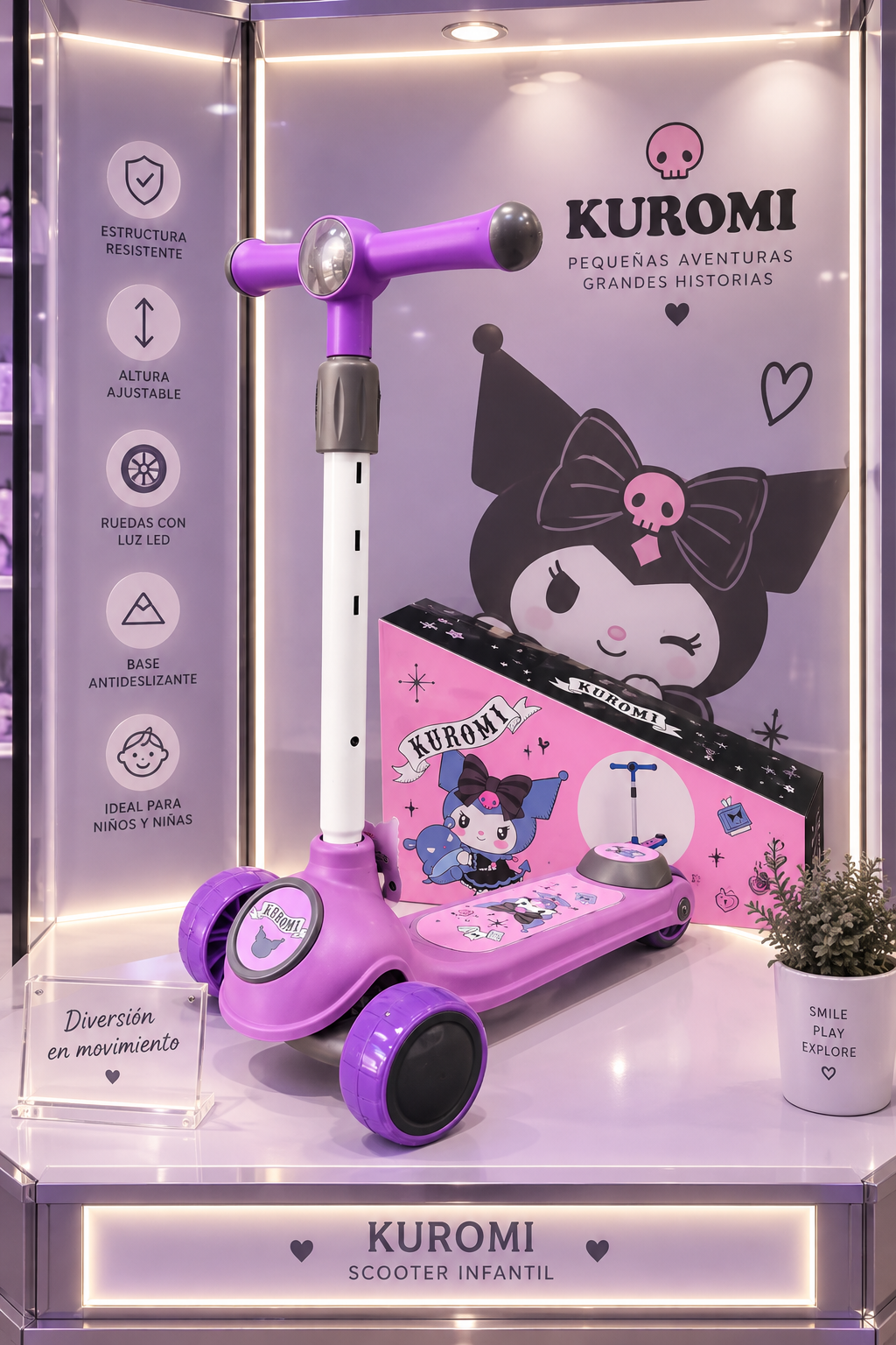 **SCOOTER INFANTIL ORIGINAL LICENCIADO HELLO KITTY & KUROMI – 3 RUEDAS Y MANUBRIO AJUSTABLE**