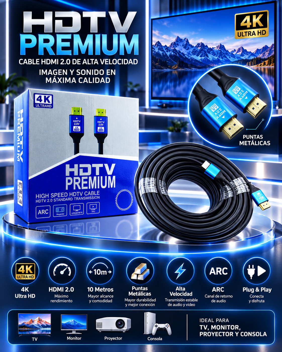 **CABLE HDMI RST 2.0 4K ULTRA HD 10 METROS CON PUNTAS METÁLICAS**