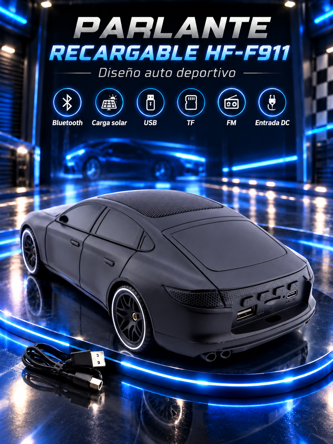 PARLANTE RECARGABLE HF-F911 DISEÑO AUTO DEPORTIVO – BLUETOOTH, SOLAR, USB, TF Y FM