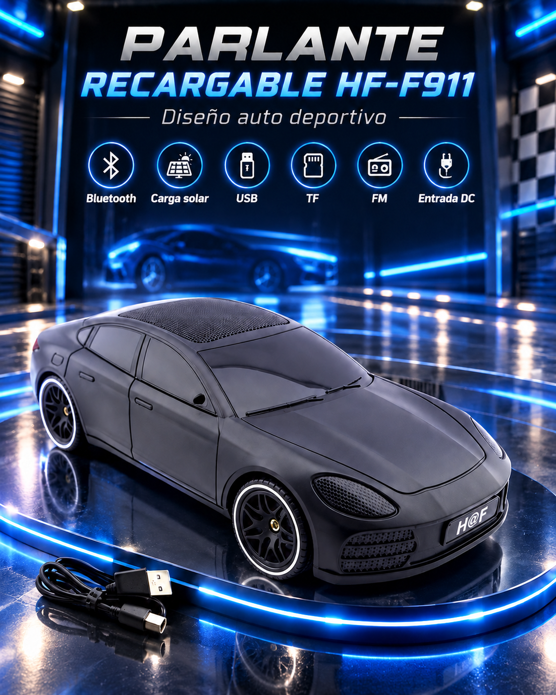 PARLANTE RECARGABLE HF-F911 DISEÑO AUTO DEPORTIVO – BLUETOOTH, SOLAR, USB, TF Y FM