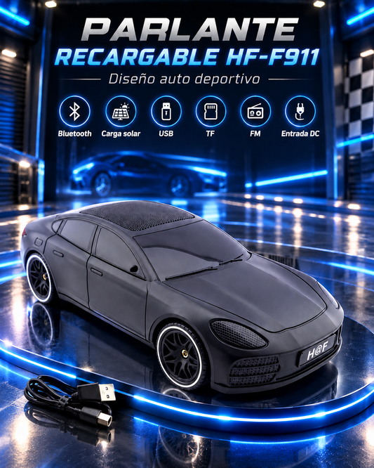PARLANTE RECARGABLE HF-F911 DISEÑO AUTO DEPORTIVO – BLUETOOTH, SOLAR, USB, TF Y FM