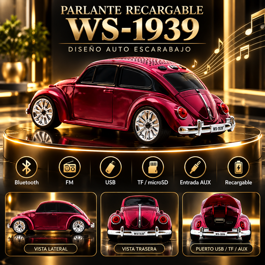 **PARLANTE RECARGABLE WS-1939 DISEÑO AUTO ESCARABAJO – BLUETOOTH, FM, USB, TF Y AUX**