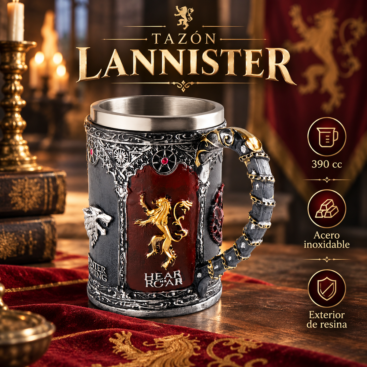 TAZÓN GAME OF THRONES – CASA LANNISTER 3D | 390 ML | ACERO INOXIDABLE Y RESINA