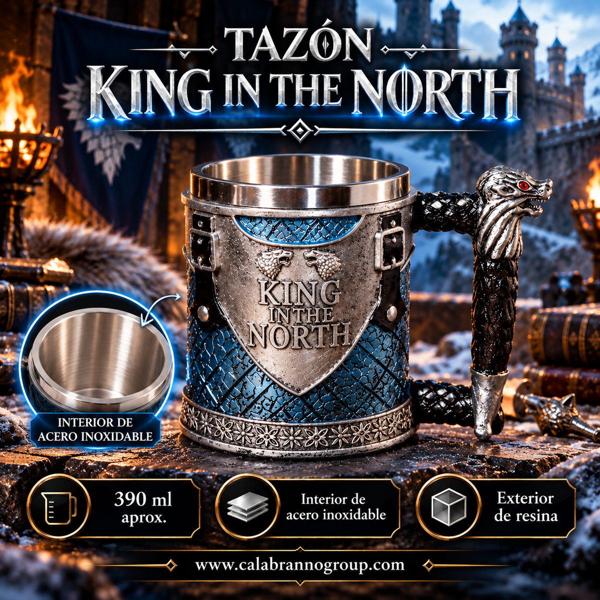 TAZÓN KING IN THE NORTH 3D – CASA STARK | 390 ML | ACERO INOXIDABLE Y RESINA