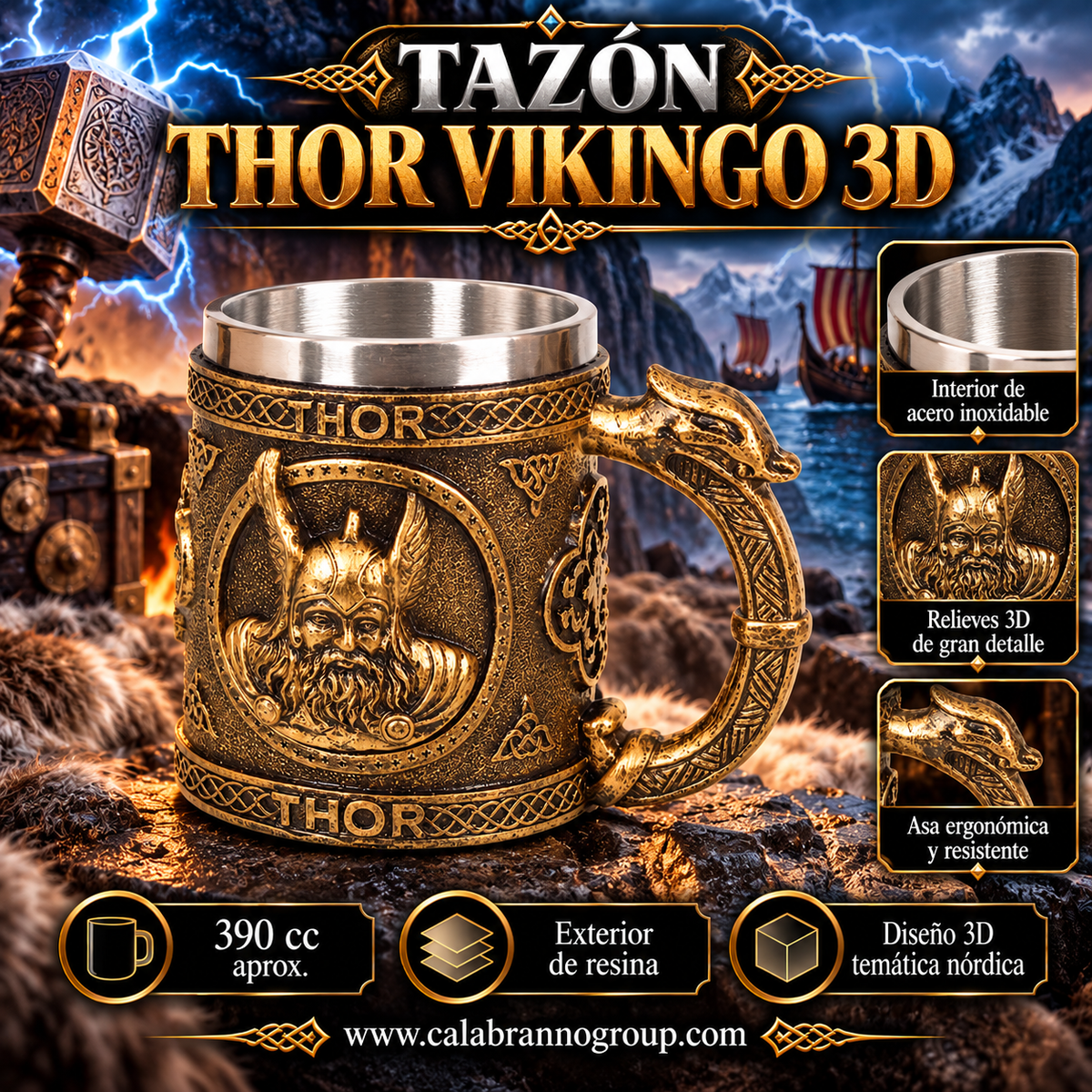TAZÓN THOR VIKINGO 3D – 390 ML | ACERO INOXIDABLE Y RESINA